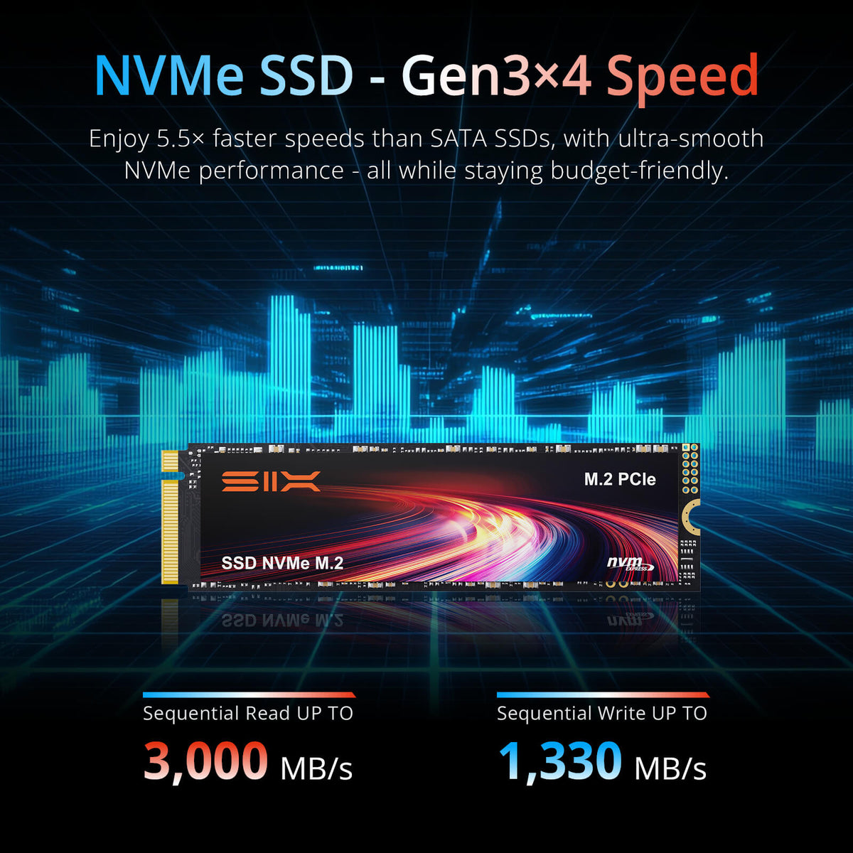 SIX X4000 M.2 固态硬盘 PCIe Gen3x4 NVME 固态硬盘 - 读取速度高达 3000MB/秒，写入速度达 1300MB/秒