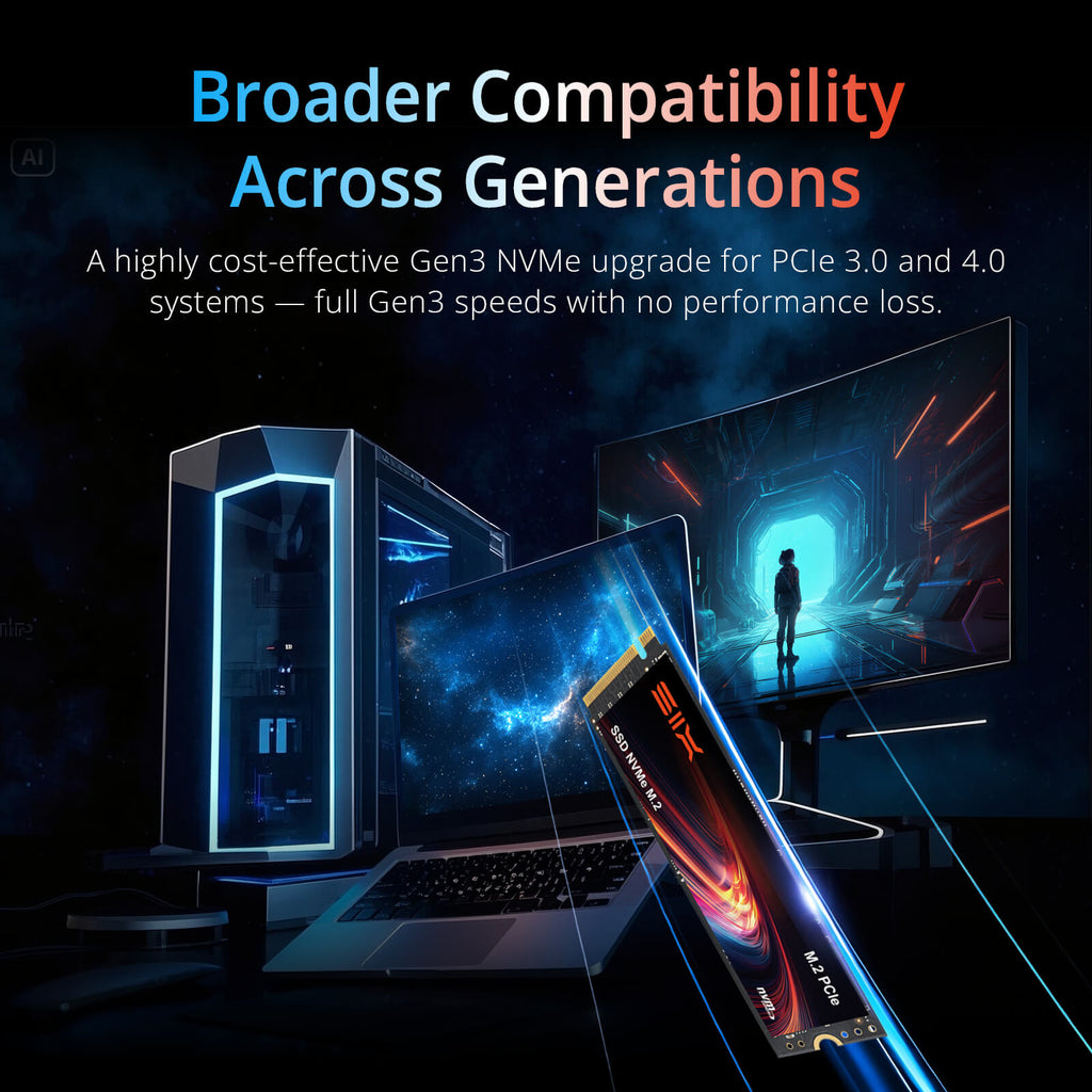 SIX X4000 M.2 固态硬盘 PCIe Gen3x4 NVME 固态硬盘 - 读取速度高达 3000MB/秒，写入速度达 1300MB/秒